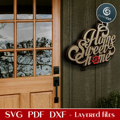 Door sign - Home Sweet Home - wall decoration for cottage - SVG PDF DXF layered laser cutting files for Glowforge, Cricut, Silhouette Cameo, CNC Plasma machines