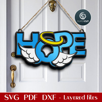 Hope Christmas door hanger template with angel wings - SVG DXF layered vector cutting files for Glowforge, Cricut, Silhouette, wood cutting by DuperCut