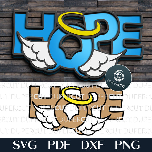 Hope sign with angel wings - SVG DXF layered vector cutting files for Glowforge, Cricut, Silhouette, wood cutting by DuperCut