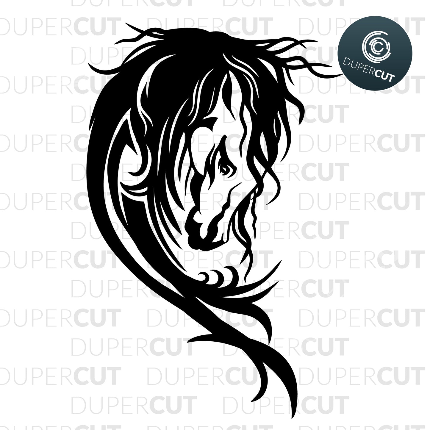 Decorative horse head, vector illustration. SVG PNG DXF files Paper cutting template for personal or commercial use. Vinyl template cutting files for Cricut, Glowforge, Silhouette, CNC