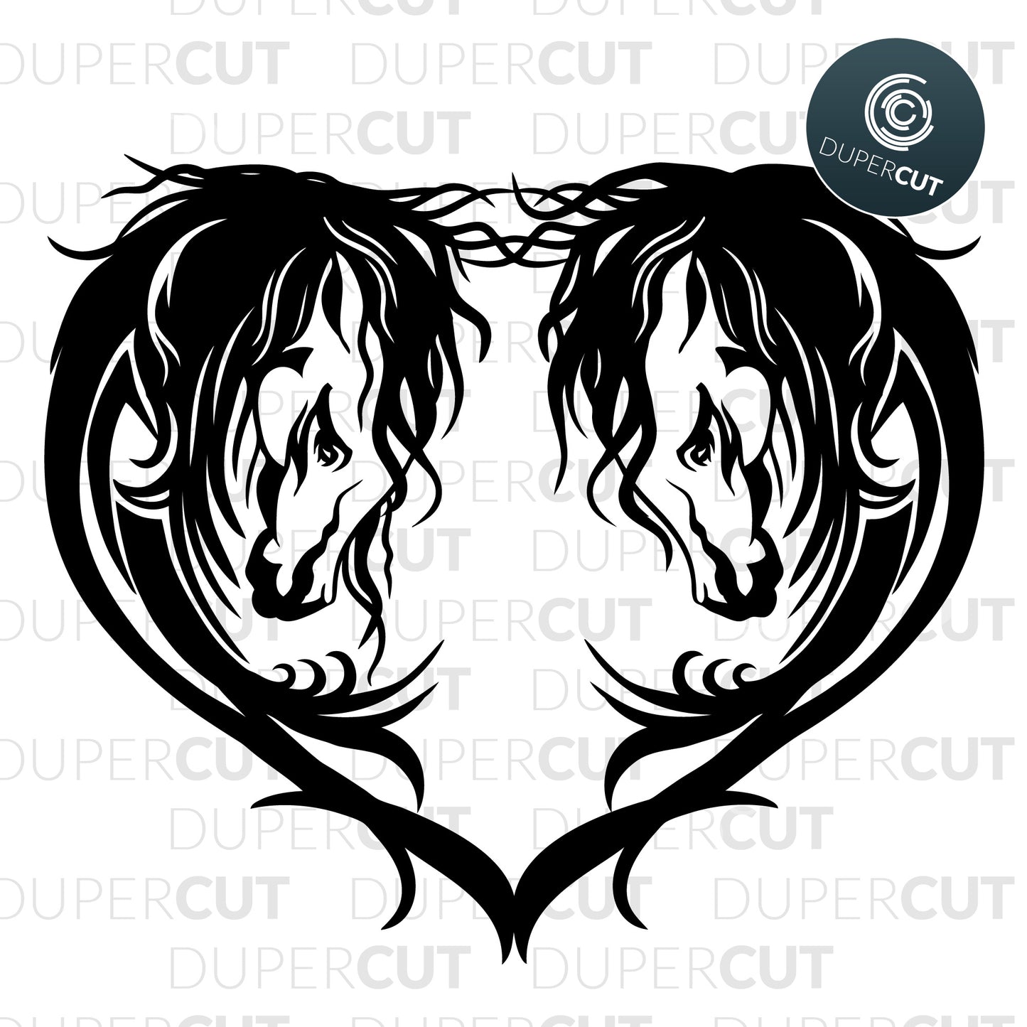 Heart shaped horses, tribal vector design. SVG PNG DXF files Paper cutting template for personal or commercial use. Vinyl template cutting files for Cricut, Glowforge, Silhouette, CNC