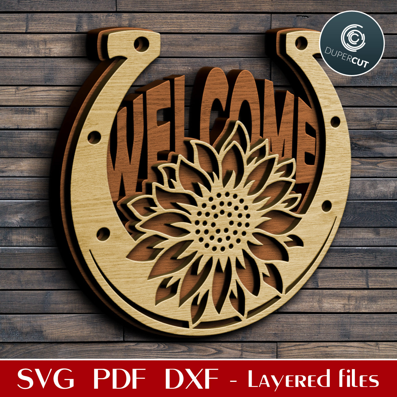 Horseshoe welcome sign DIY cottage decoration - SVG PDF DXF layered laser cutting files for Glowforge, Cricut, Silhouette Cameo, CNC plasma machines by DuperCut