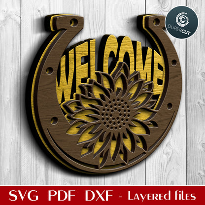 Horseshoe sunflower welcome sign - SVG PDF DXF layered laser cutting files for Glowforge, Cricut, Silhouette Cameo, CNC plasma machines by DuperCut