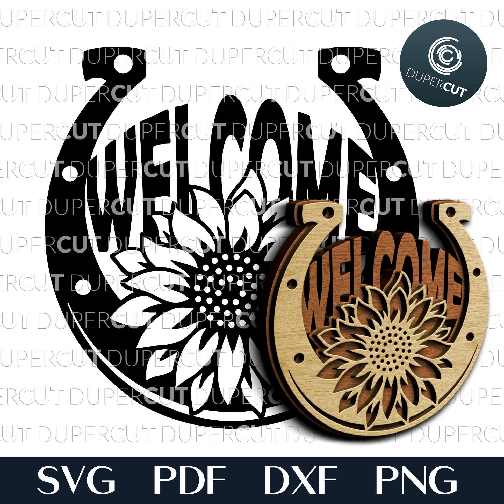 Horseshoe sunflower welcome sign - SVG PDF DXF layered laser cutting files for Glowforge, Cricut, Silhouette Cameo, CNC plasma machines by DuperCut