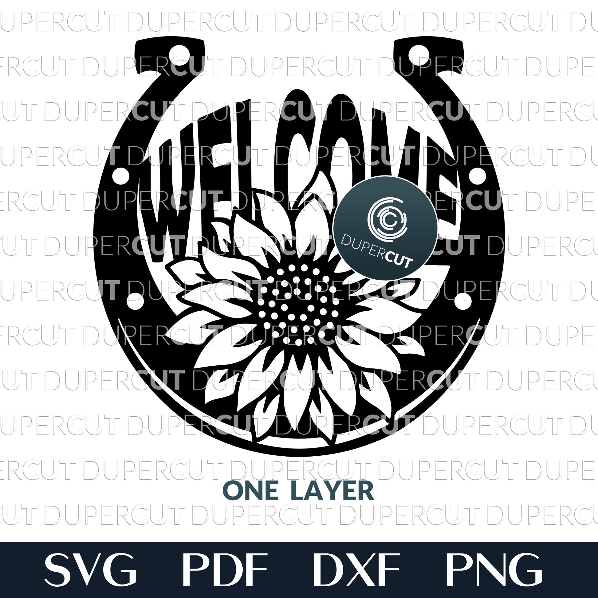 Horseshoe sunflower welcome sign paper cutting template - SVG PDF DXF laser cutting files for Glowforge, Cricut, Silhouette Cameo, CNC plasma machines by DuperCut