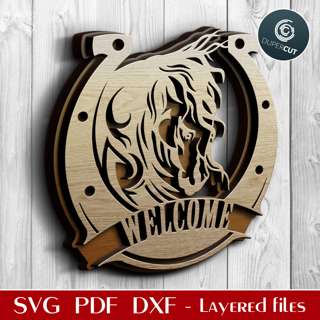 Horse head horseshoe welcome sign - SVG PDF DXF layered laser cutting files for Glowforge, Cricut, Silhouette Cameo, CNC plasma machines by DuperCut