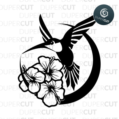 Black and white hummingbird with hibiscus flowers. Simple design for beginners. Paper cutting template -  - SVG PNG DXF files for cutting machines: Cricut, Silhouette Cameo, Glowforge, CNC