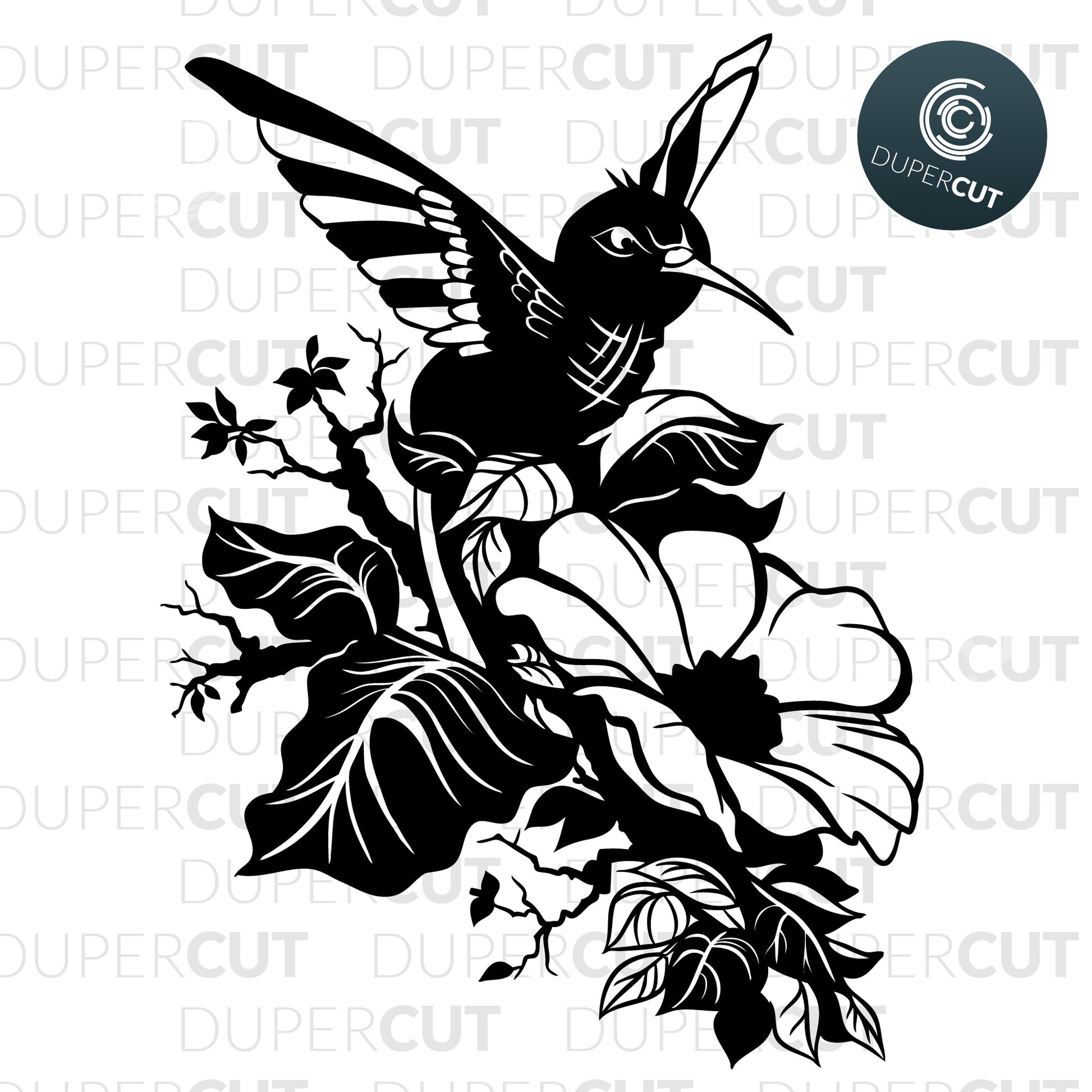 Detailed hummingbird with flowers, tattoo design, vinyl template, Papercutting template for commercial use. SVG files for Silhouette Cameo, Cricut, Glowforge, DXF for CNC, laser cutting, print on demand