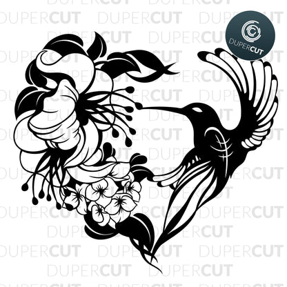 Hummingbird black and white, vinyl template, Papercutting template for personal use, commercial use. SVG files for Silhouette Cameo, Cricut, Glowforge, DXF for CNC, laser cutting, print on demand