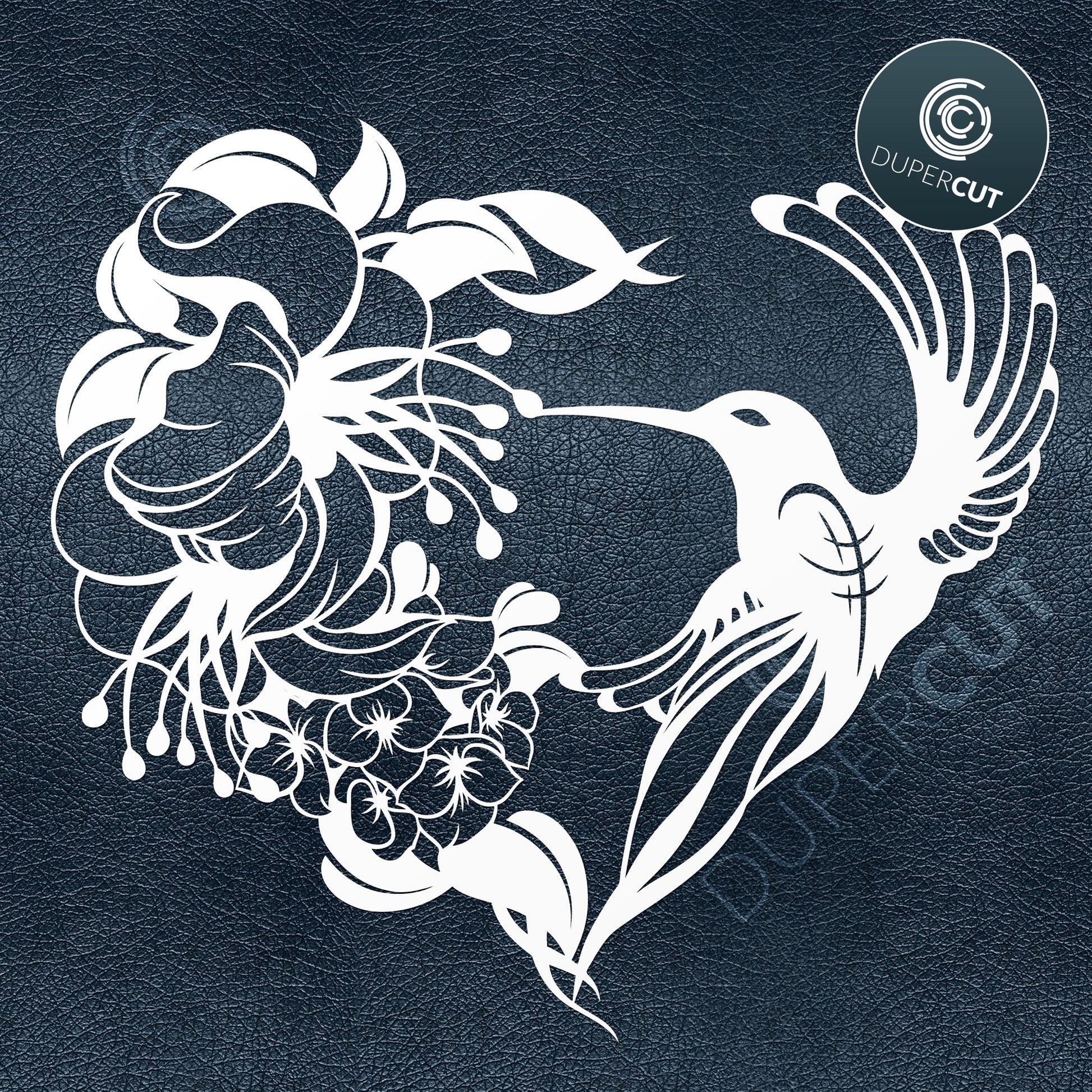 Hummingbird with flowers in shape of heart. Papercutting template for commercial use. SVG files for Silhouette Cameo, Cricut, Glowforge, DXF for CNC, laser cutting, print on demand
