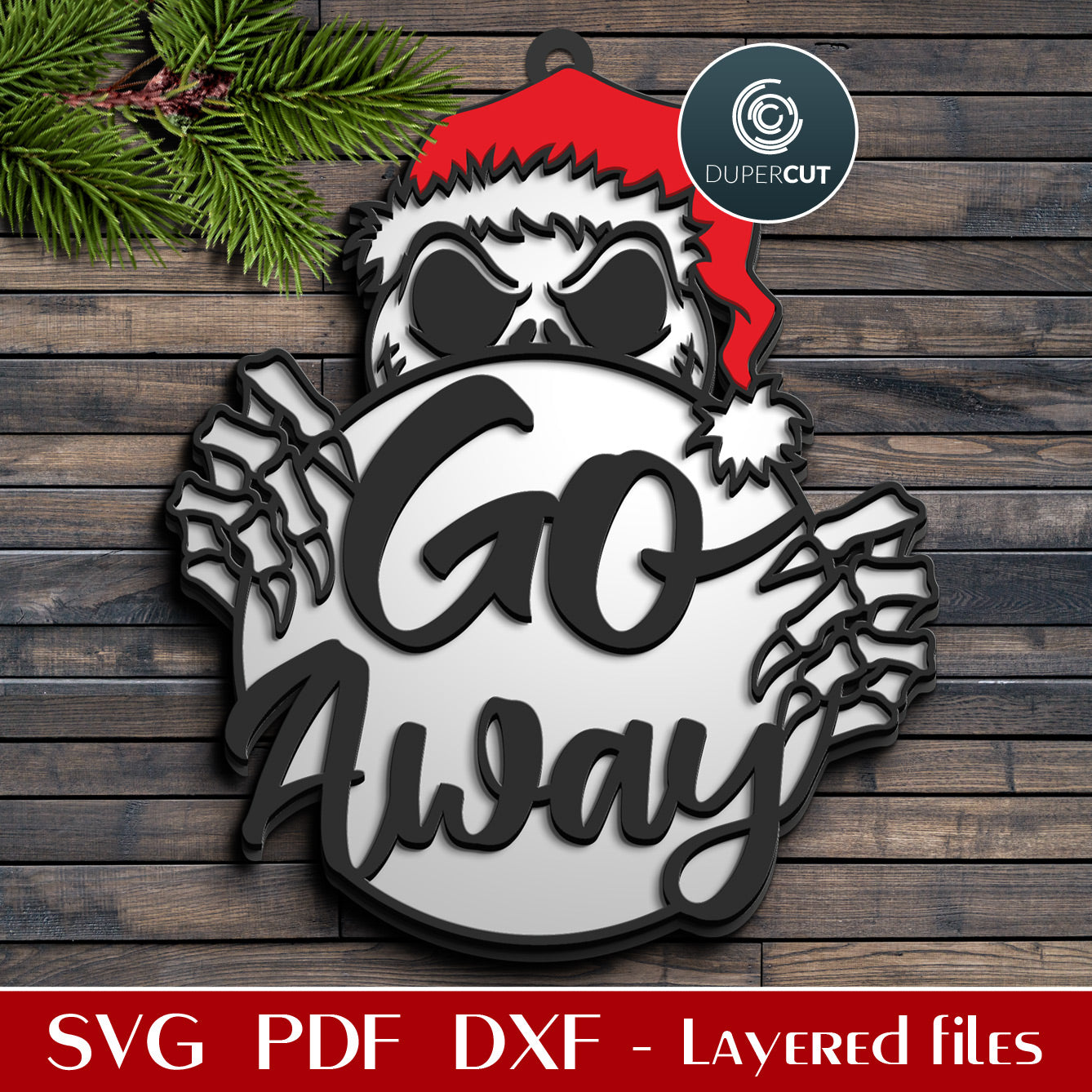 Jack Skellington funny Christmas door hanger  GO AWAY  - SVG DXF layered cutting files, scroll saw pattern, Glowforge, Cricut, Silhouette, CNC plasma machines by DuperCut