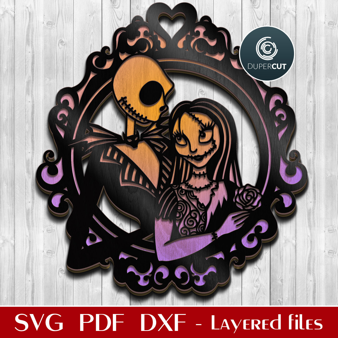 Jack and Sally door hanger layered cutting template - SVG DXF PNG vector files for laser and digital machines Glowforge, Cricut, Silhouette, CNC plasma by DuperCut