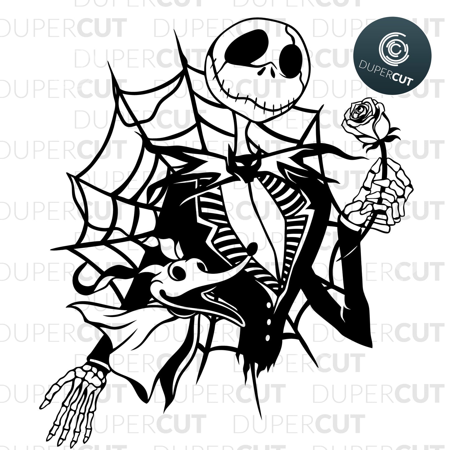 Jack Skellington holding a rose, black and white drawing. Papercutting template for commercial use. SVG files for Silhouette Cameo, Cricut, Glowforge, DXF for CNC, laser cutting, print on demand