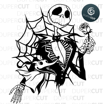 Jack Skellington holding a rose, black and white drawing. Papercutting template for commercial use. SVG files for Silhouette Cameo, Cricut, Glowforge, DXF for CNC, laser cutting, print on demand