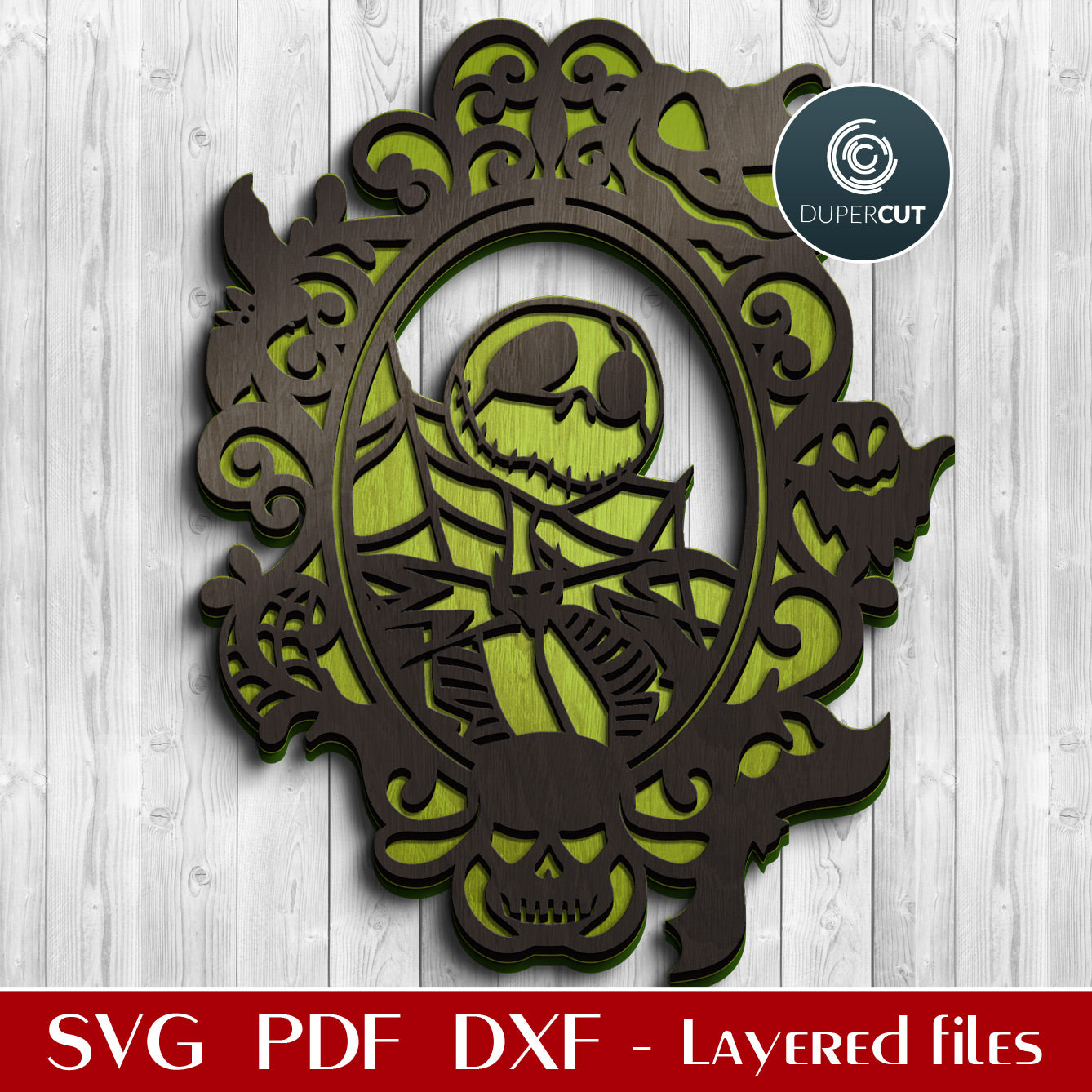 Jack Skellington Halloween door hanger - SVG PDF DXF layered cutting files for Glowforge, Silhouette cameo, Cricut, CNC plasma laser machines by DuperCut