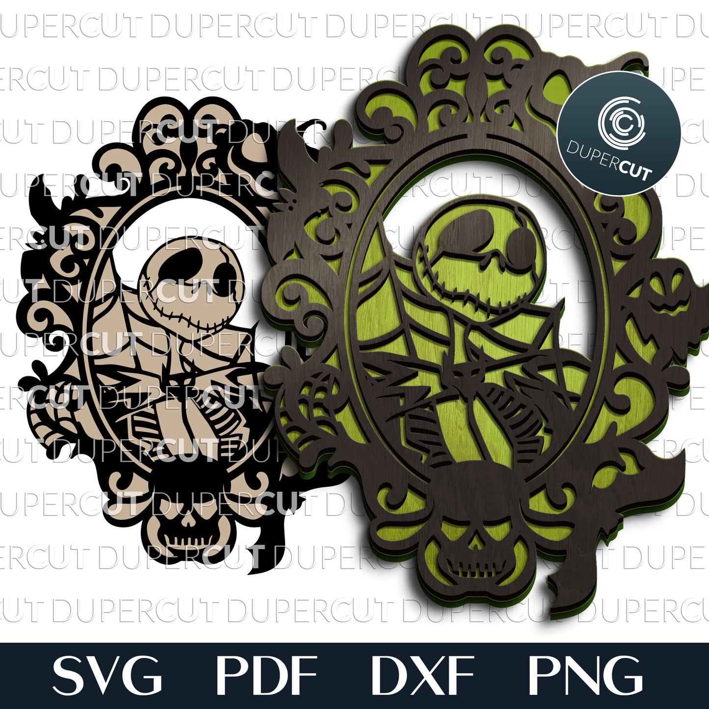 Jack Skellington Halloween door hanger - SVG PDF DXF layered cutting files for Glowforge, Silhouette cameo, Cricut, CNC plasma laser machines by DuperCut