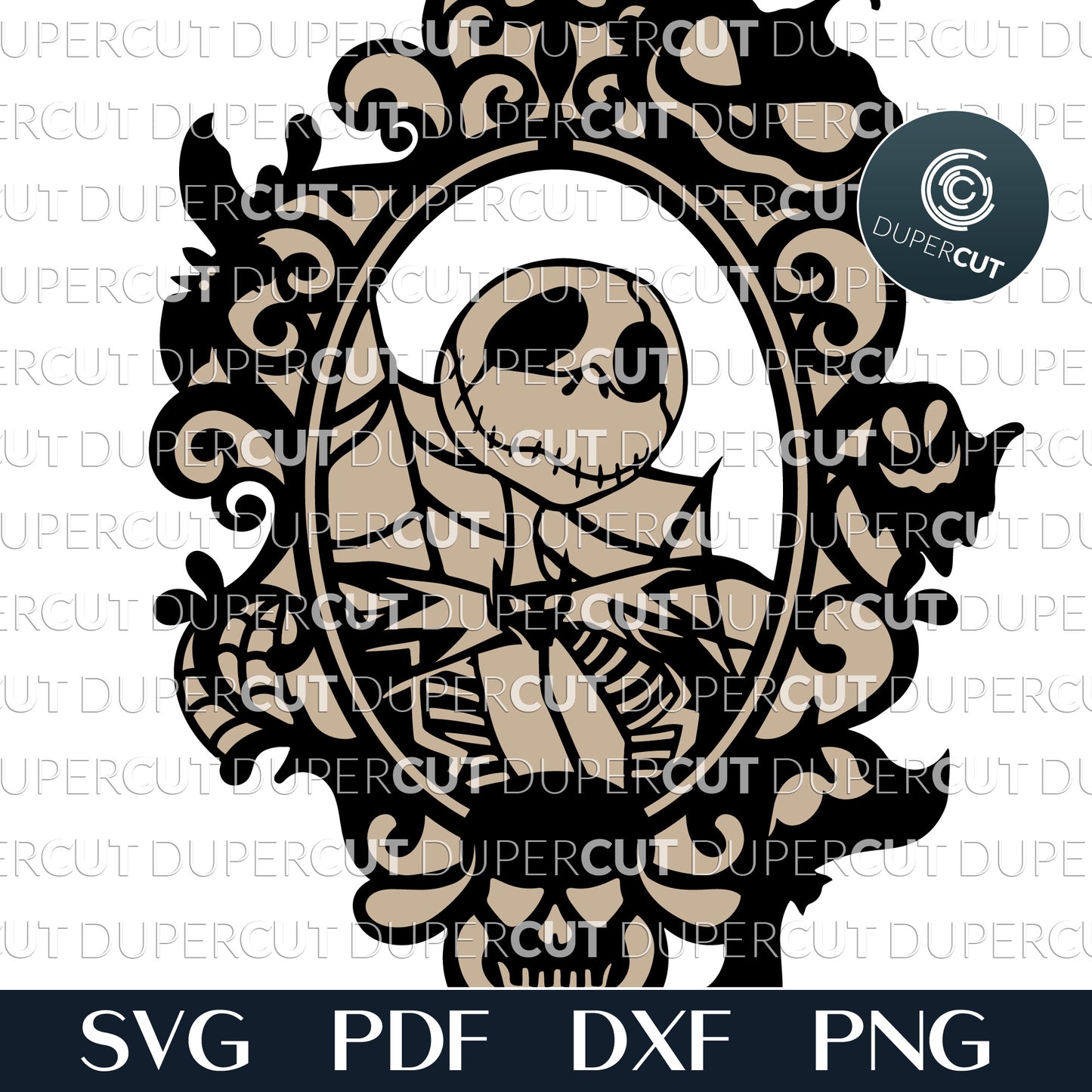 Jack Skellington portrait in a frame Halloween door hanger - SVG PDF DXF layered cutting files for Glowforge, Silhouette cameo, Cricut, CNC plasma laser machines by DuperCut