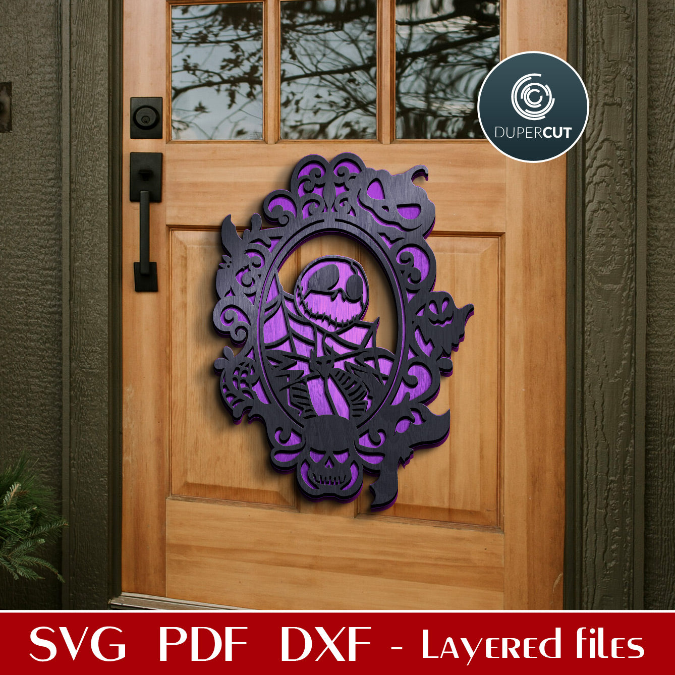 Nightmare before Christmas Jack Skellington Halloween door hanger - SVG PDF DXF layered cutting files for Glowforge, Silhouette cameo, Cricut, CNC plasma laser machines by DuperCut