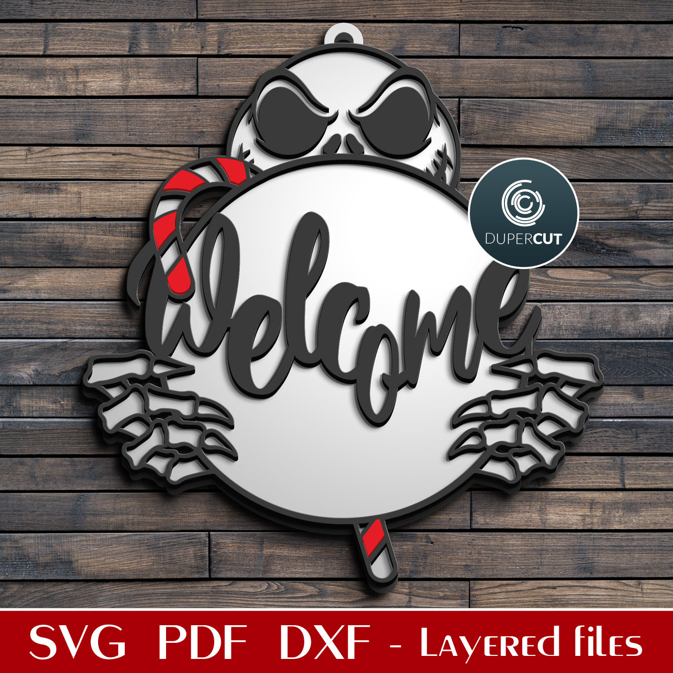 Christmas jack skellington welcome sign - SVG DXF laser cutting pattern files for scroll saw, Glowforge, Cricut, Silhouette cameo, CNC plasma machines by DuperCut