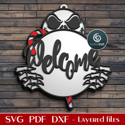 Jack Skellington Welcome sign door hanger - SVG DXF layered cutting files for Glowforge, Cricut, scroll saw, CNC plasma machines by DuperCut.com