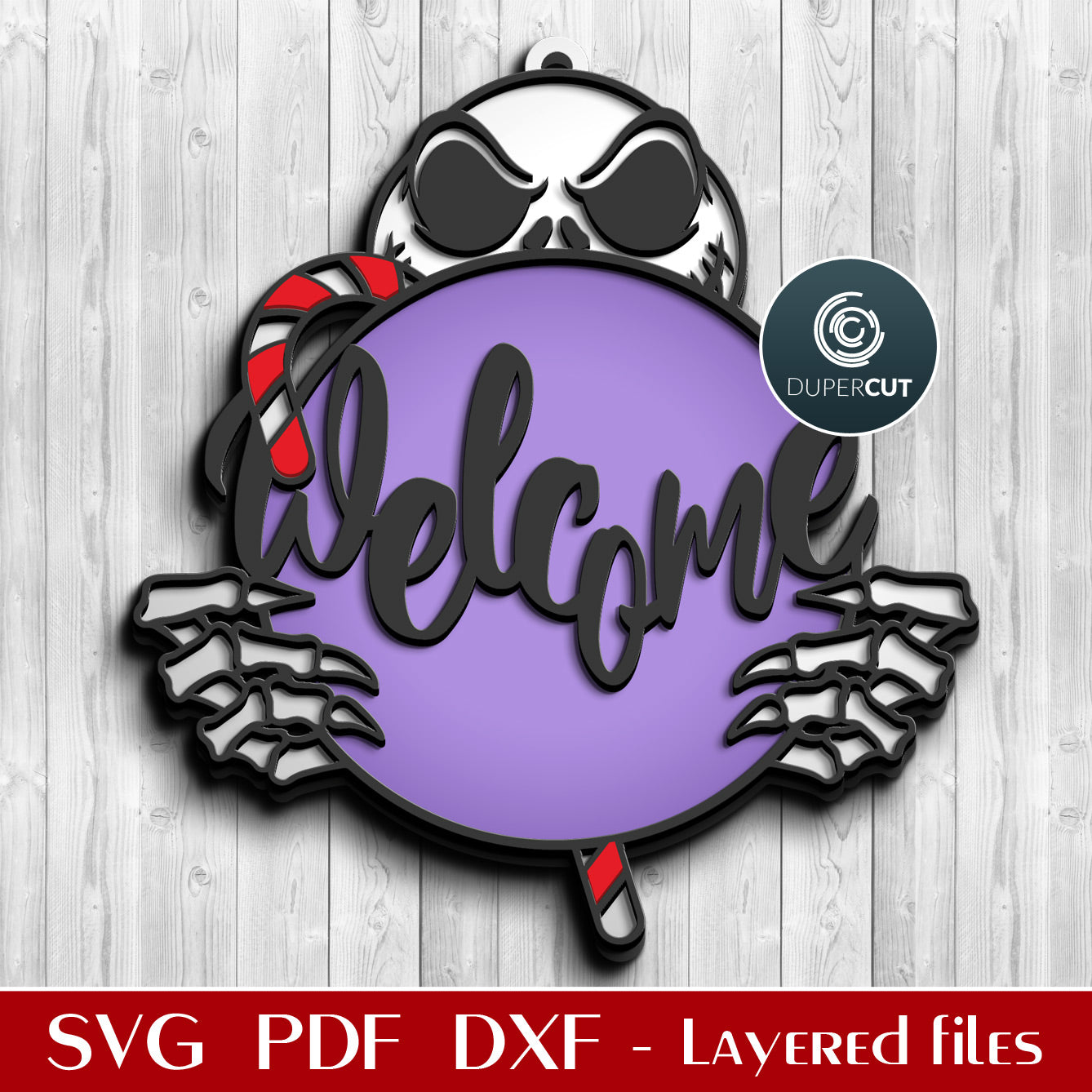 Jack Skellington door hanger welcome sign - SVG DXF laser cutting pattern files for scroll saw, Glowforge, Cricut, Silhouette cameo, CNC plasma machines by DuperCut