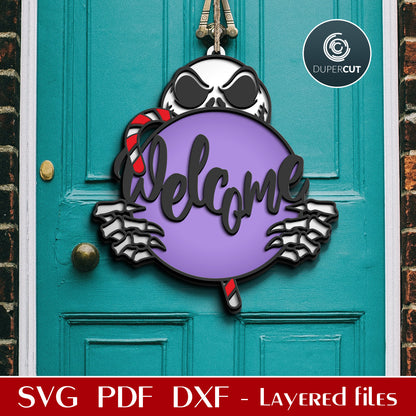 Jack Skellington holiday Welcome sign door hanger - SVG DXF layered cutting files for Glowforge, Cricut, scroll saw, CNC plasma machines by DuperCut.com