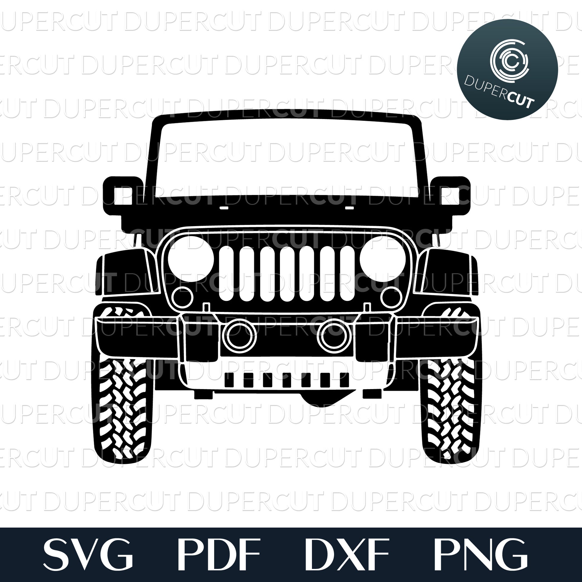 Cutting files. Detailed Jeep silhouette, front view. SVG PNG DXF files, use for cutting, stencils, crafting, printables
