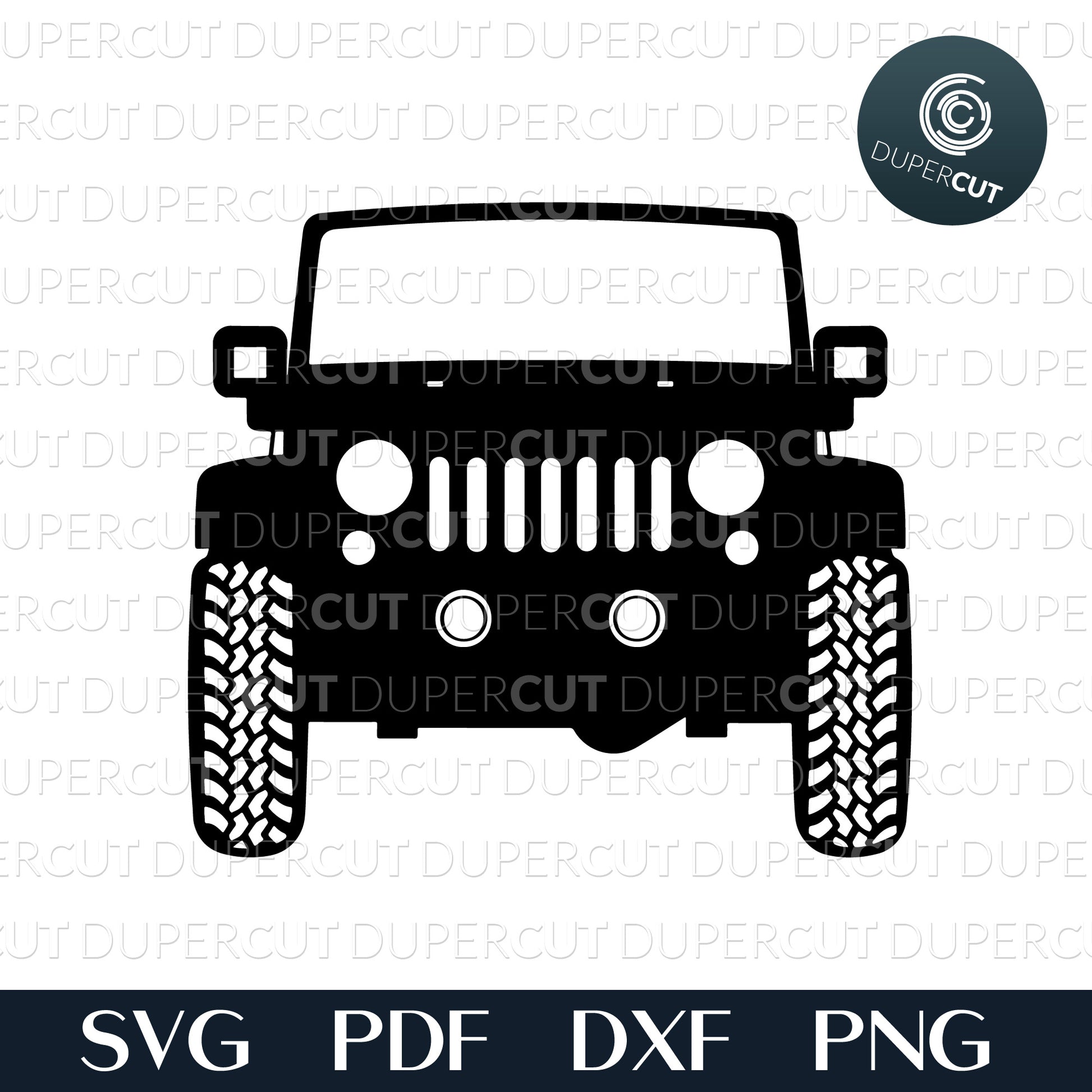 SVG PNG files, jeep front view. Offroading graphics. Black and white silhouette clipart for crafting, print on demand, custom t-shirts, vinyl template, stencil, printables