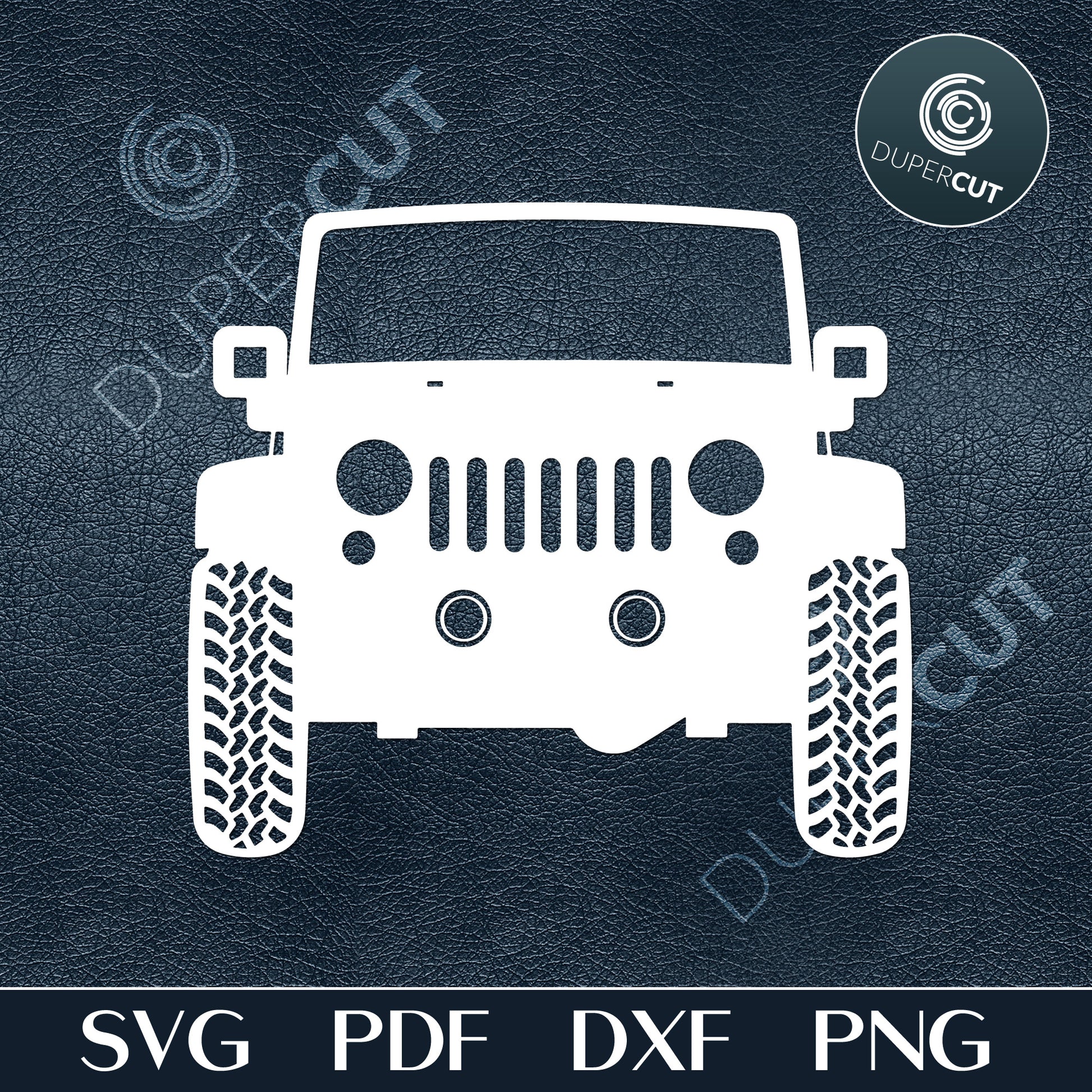 Jeep front view. Offroading graphics for personal or commercial use. Black and white silhouette clipart for crafting, print on demand, custom t-shirts, vinyl template, stencil, printables