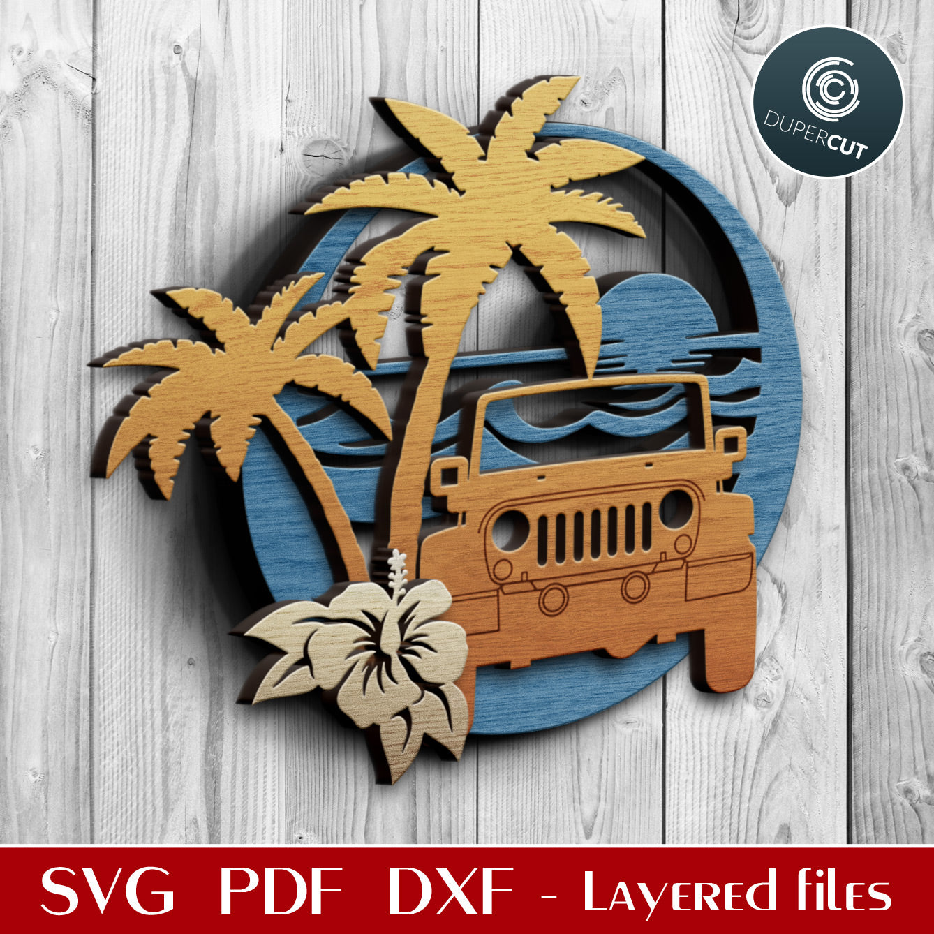 Jeep on the beach off-road adventure - layered cutting files - SVG PDF DXF vector template for Glowforge, laser cutters, Cricut, Silhouette Cameo
