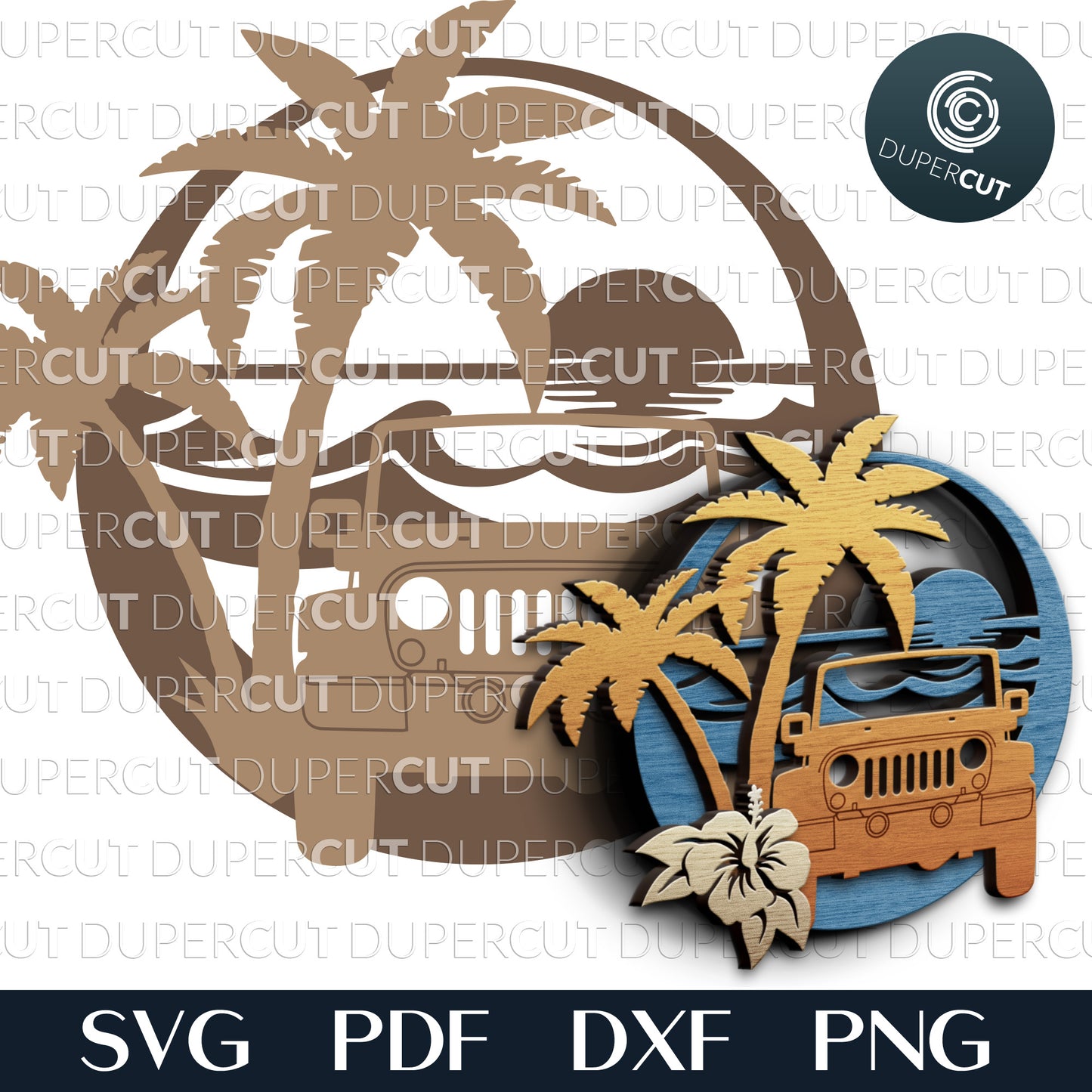 Jeep on the beach - layered cutting files - SVG PDF DXF vector template for Glowforge, laser cutters, Cricut, Silhouette Cameo