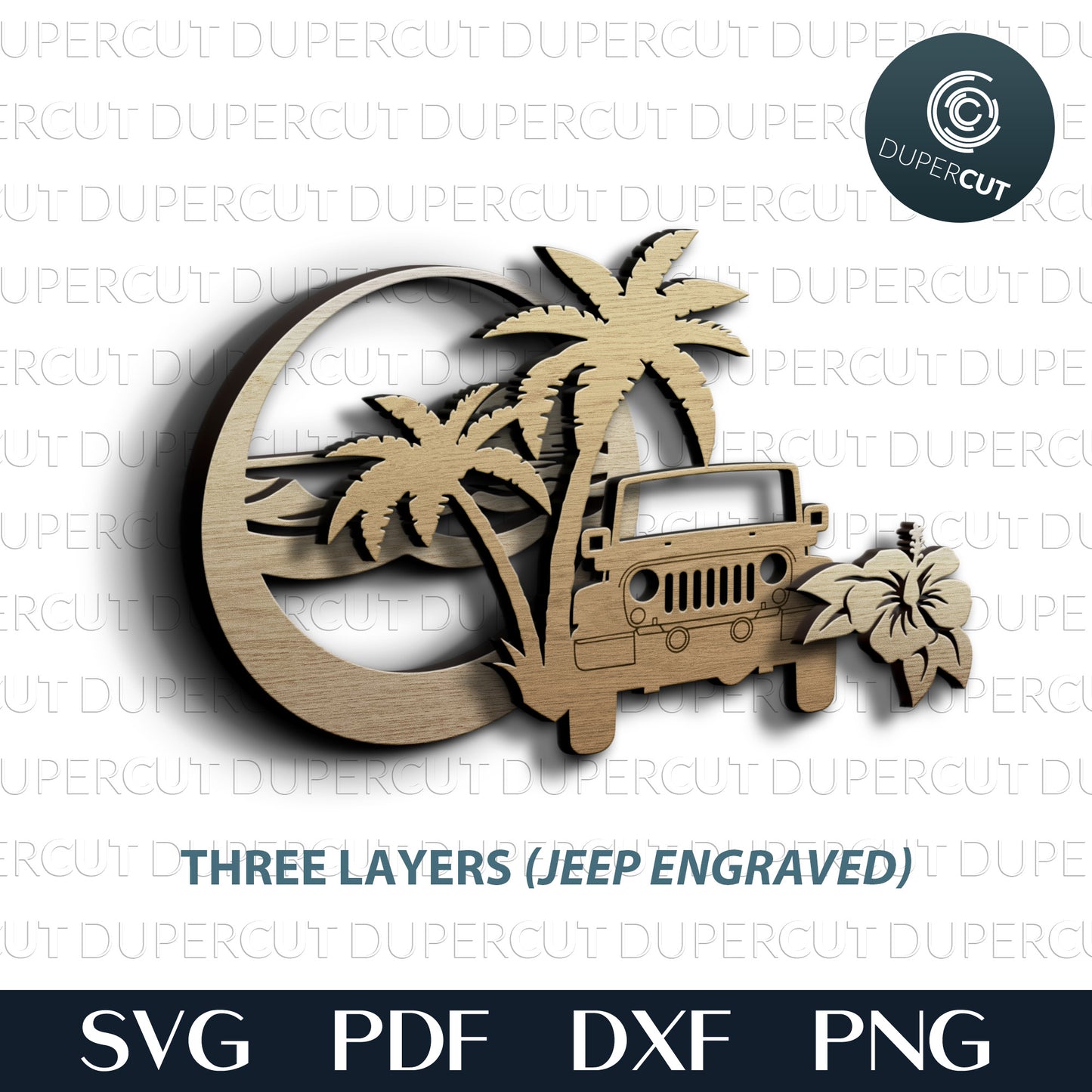 Jeep beach scene sign - layered cutting files - SVG PDF DXF vector template for Glowforge, laser cutters, Cricut, Silhouette Cameo