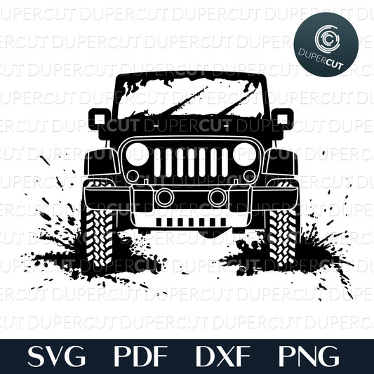 SVG JPEG Jeep driving in mud. Front view. Black and white silhouette clipart for crafting, print on demand, custom t-shirts, vinyl template, stencil, printables