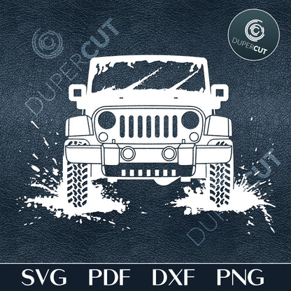 JPEG SVG PNG files Jeep in mud splashes, front view. Black and white silhouette clipart for crafting, print on demand, custom t-shirts, vinyl template, stencil, printables