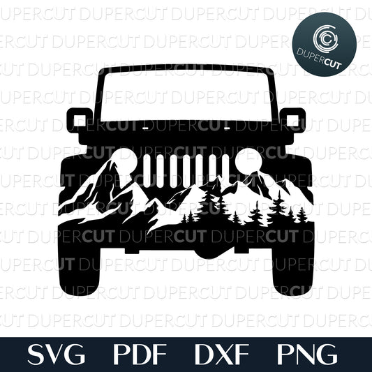 PNG SVG files - Jeep with mountains and trees. Black and white silhouette clipart for crafting, print on demand, custom t-shirts, vinyl template, stencil, printables
