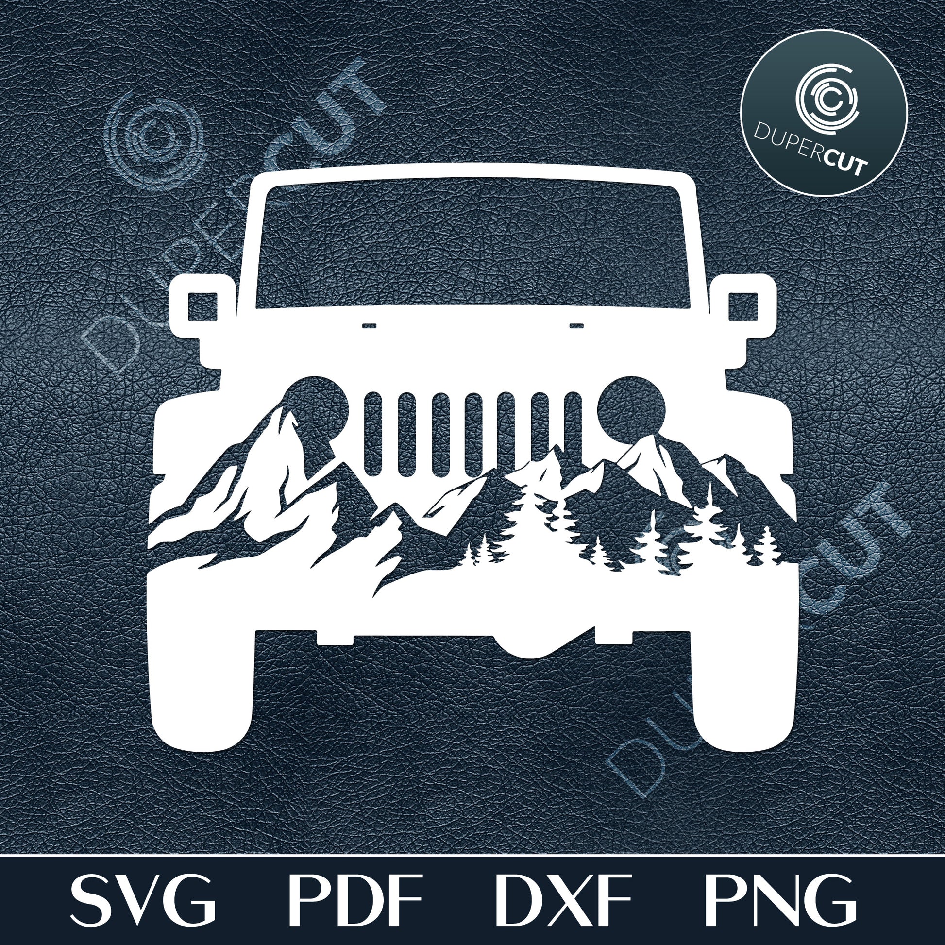 Jeep with mountains, offroading overlanding. Black and white silhouette clipart for crafting, print on demand, custom t-shirts, vinyl template, stencil, printables