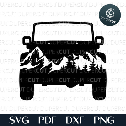 Jeep front view with mountains and trees. Black and white silhouette clipart for crafting, print on demand, custom t-shirts, vinyl template, stencil, printables