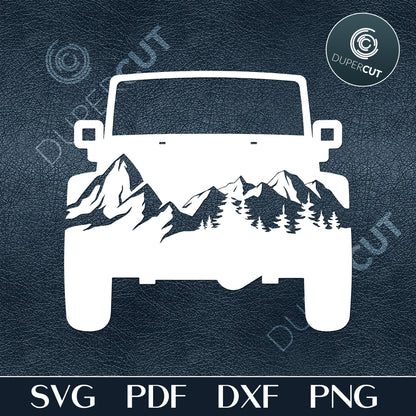 Adventure vehicles, offroading jeep. Black and white silhouette clipart for crafting, print on demand, custom t-shirts, vinyl template, stencil, printables