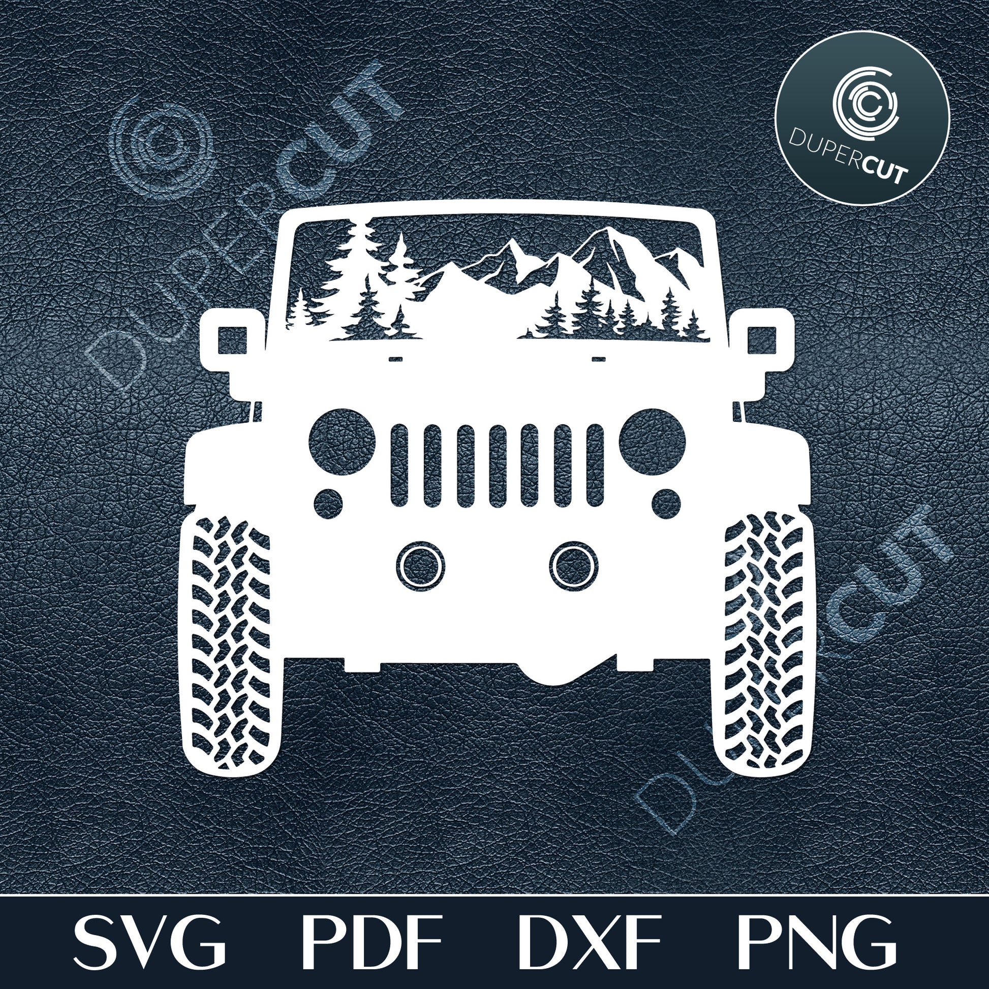 Cutting files. Detailed Jeep silhouette with trees and mountains. Front view. SVG PNG DXF files, use for cutting, stencils, crafting, printables, print on demand