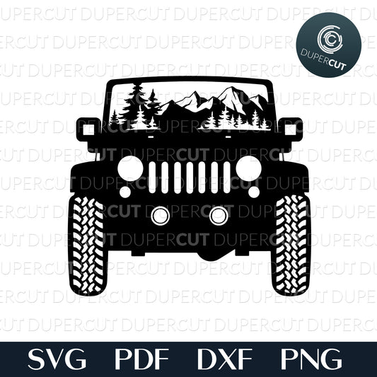Cutting files. Detailed Jeep silhouette with trees and mountains. Front view. SVG PNG DXF files, use for cutting, stencils, crafting, printables, print on demand