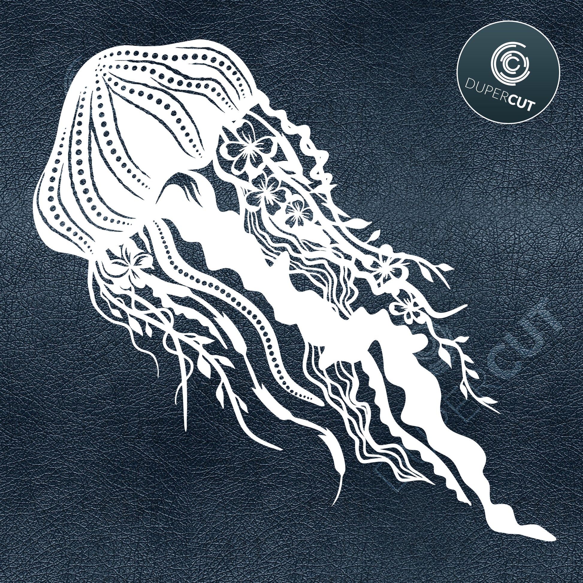 Jellyfish with flowers. Paper cutting template for commercial use. SVG files for Silhouette Cameo, Cricut, Glowforge, DXF for CNC, laser cutting, print on demand