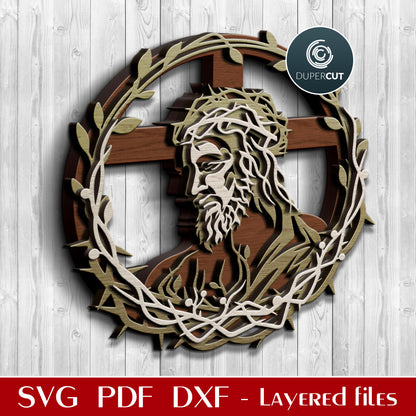 Jesus with cross wreath cutting pattern  - SVG DXF vector files for laser machines Glowforge, Cricut, CNC plasma, scroll saw by DuperCut.com