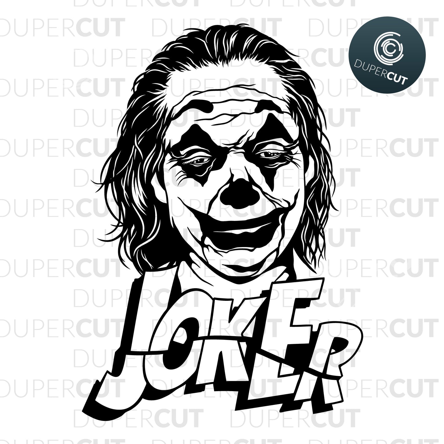 Joker movie portrait. DIY black and white poster. Paper cutting template for commercial use. SVG files for Silhouette Cameo, Cricut, Glowforge, DXF for CNC, laser cutting, print on demand