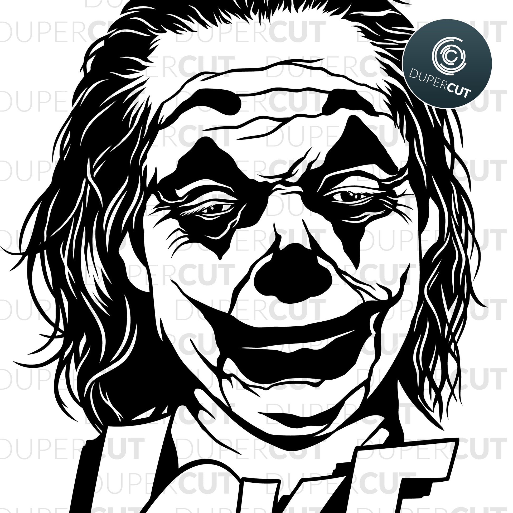 Joker movie line drawing art, Paper cutting template for commercial use. SVG files for Silhouette Cameo, Cricut, Glowforge, DXF for CNC, laser cutting, print on demand