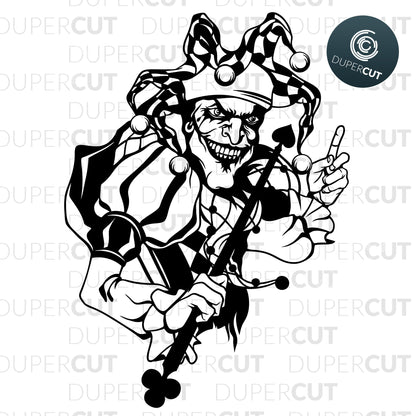 Joker Papercutting template for personal or commercial use. SVG files for Silhouette Cameo, Cricut, Glowforge, DXF for CNC, laser cutting, print on demand