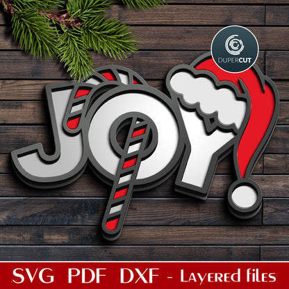 JOY - DIY Christmas door hanger sign with candy cane and Santa's hat SVG DXF layered vector cutting files for laser and digital machines - Glowforge, Cricut, Silhouette cameo, CNC plasma by DuperCut