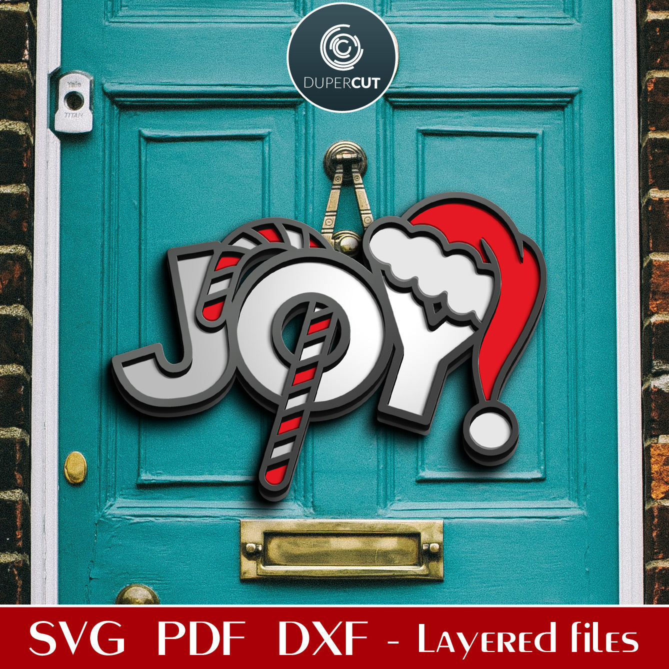 JOY fun DIY holiday sign with candy cane and Santa's hat SVG DXF layered vector cutting files for laser and digital machines - Glowforge, Cricut, Silhouette cameo, CNC plasma by DuperCut