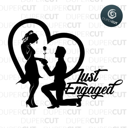 Cake topper Just engaged, Wedding proposal. Papercutting template for commercial use. SVG files for Silhouette Cameo, Cricut, Glowforge, DXF for CNC, laser cutting, print on demand