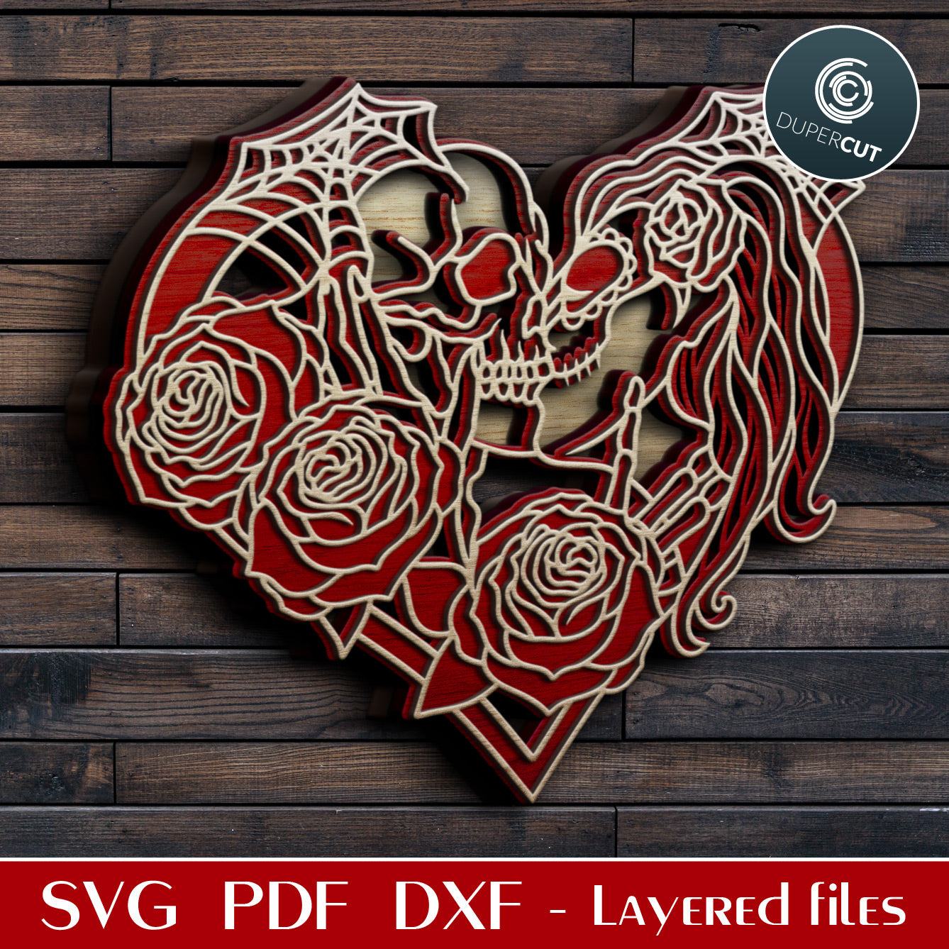 Skull kiss with roses - steampunk design - SVG PDF DXF layered cutting files for Glowforge, Cricut, Silhouette cameo, CNC plasma machines