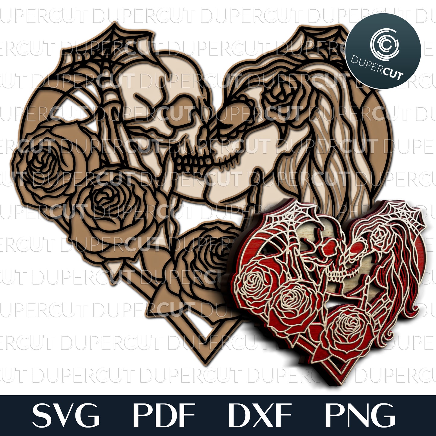 Skull kiss gothic design - SVG PDF DXF layered cutting files for Glowforge, Cricut, Silhouette cameo, CNC plasma machines